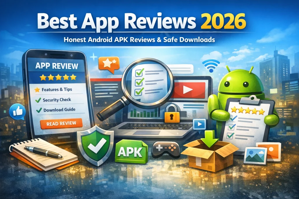 Best App Reviews 2026 image showing Android APK reviews, safe downloads, app ratings, and security analysis