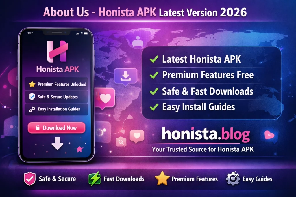 Honista.blog About Us page showing latest Honista APK download with premium unlocked features and safe Android installation guide
