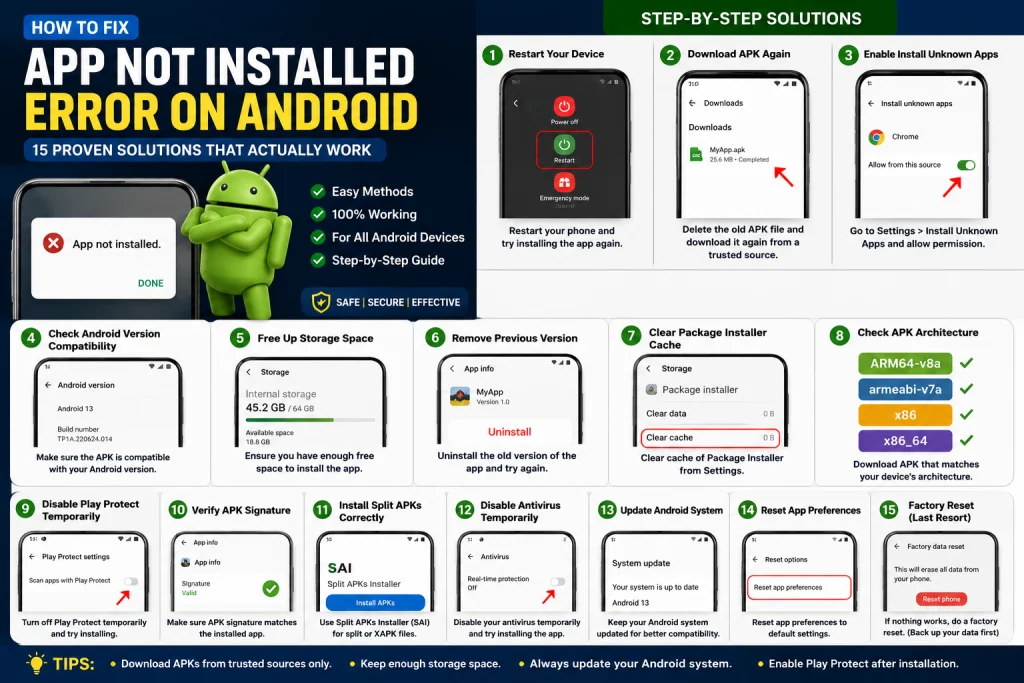 How to fix the App Not Installed error on Android with step-by-step solutions.