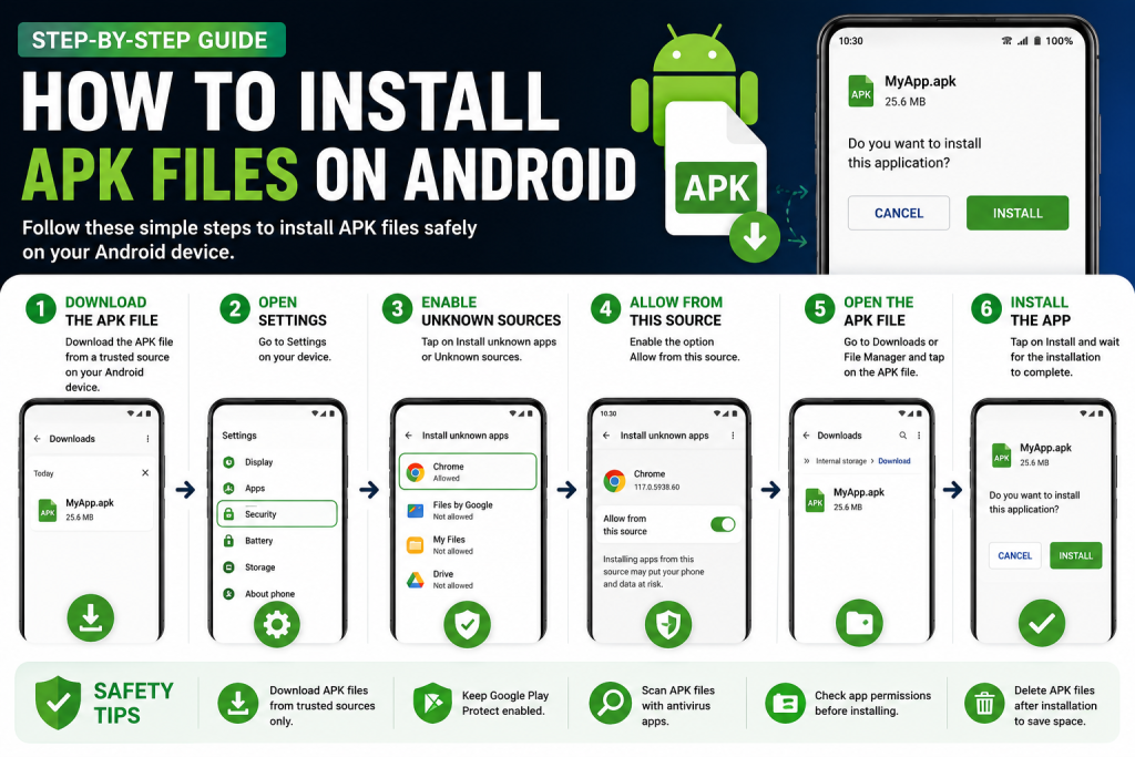 Step-by-step guide showing how to install APK files on Android safely.