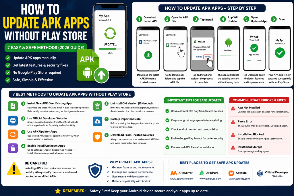 Step-by-step guide showing how to update APK apps without the Google Play Store.