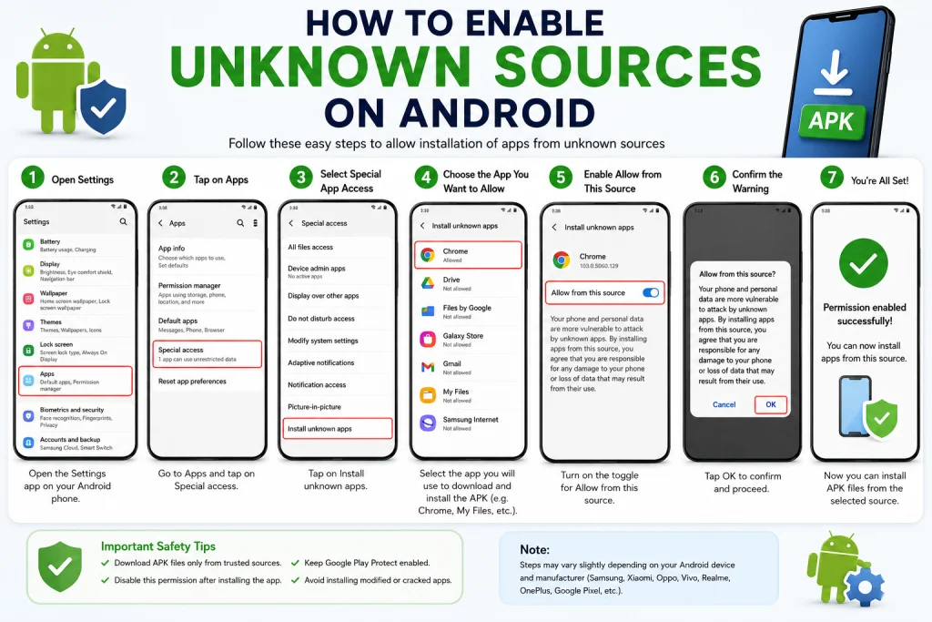 Step-by-step guide showing how to enable Unknown Sources on Android.